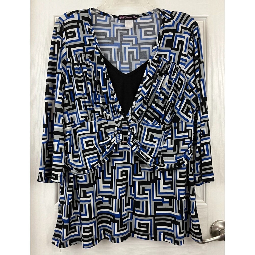 VOLUME ONE - Blue Geometric Print Mock 2 Piece 3/4 Sleeve Knit Top size 1X